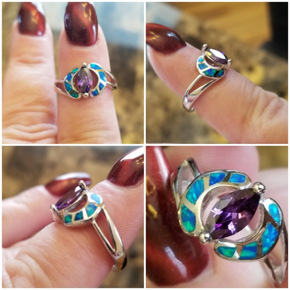 Genuine 1ct Amethyst/Australian Opal Ring Size 7 - Picture 3 of 5